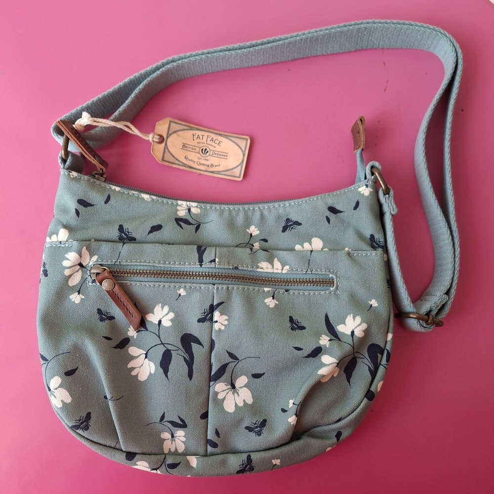Fat Face Crescent Crossbody Bag Green Haze Floral Bee Cotton Canvas NWT